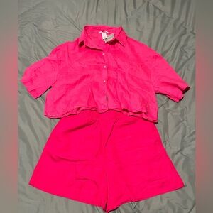 H&M linen blend top and pull on shorts (pink)